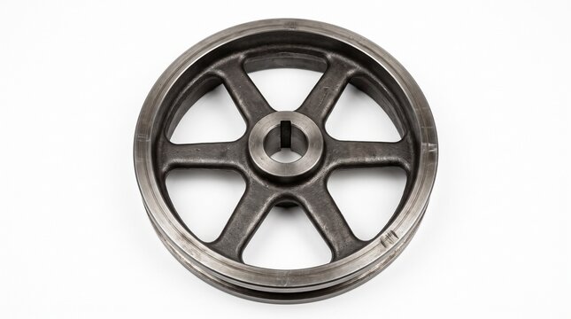 Rusted metal flywheel with central hub used in industrial machinery against clean studio background
