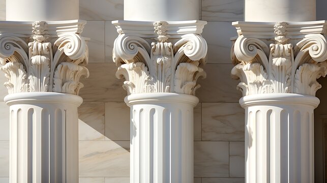 Ornate white corinthian column capitals close up architectural detail.