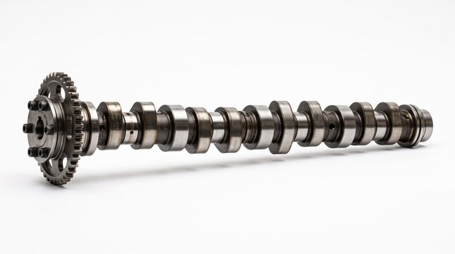 Metallic camshaft with precision-machined lobes displayed on neutral background for automotive engineering reference