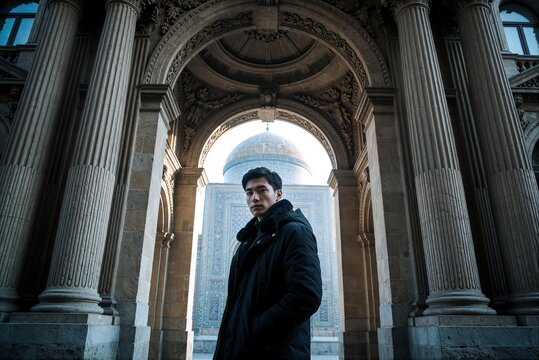 Portrait of Man in Black Coat Standing Under Grand Archway