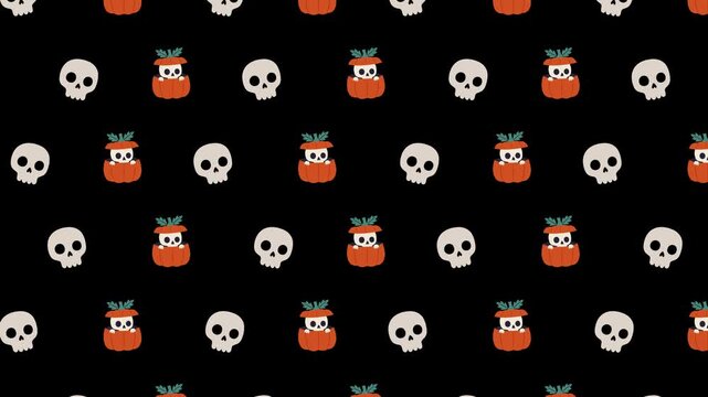 Seamless pattern of cute skulls and pumpkins moving on black