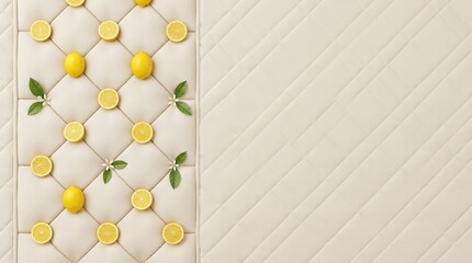 Obraz premium Quilted textile lemon frame and citrus border on a beige leather upholstery copy space background designed specifically for luxury branding.