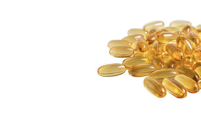 Heap of golden fish oil omega 3 gel capsules on transparent background
