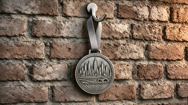 Silver marathon finisher medal with embossed city skyline hanging on a rustic brick wall hook