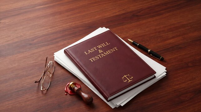 Last will testament documents with pen and wax seal on wooden desk