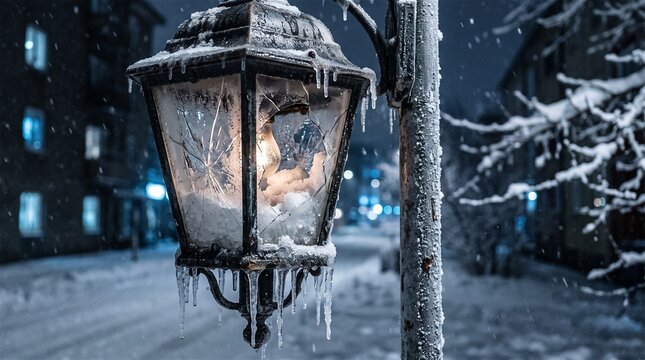 Frosted street lamp with icicles on a snowy winter night