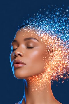 Woman face dissolving into glowing binary code particles