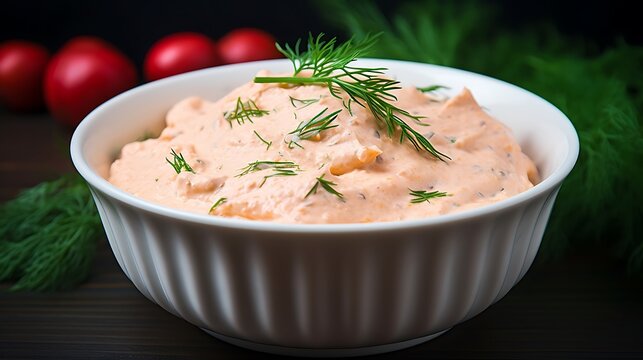 Smooth salmon cream dip in a white bowl garnished with fresh dill.
