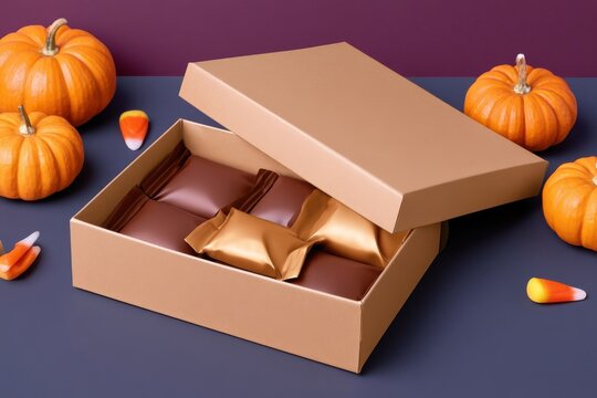 Open cardboard box with wrapped candies surrounded by pumpkins and candy corn for Halloween