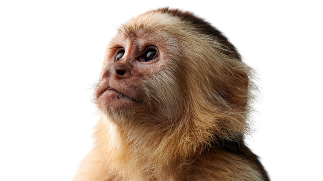 Capuchin monkey head portrait with brown fur and expressive dark eyes