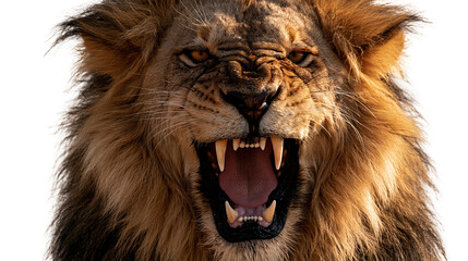 Fierce male lion head portrait with open mouth showing sharp teeth and thick mane © darietta