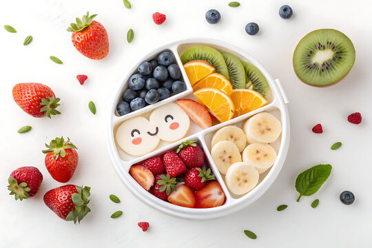 Cute 3D cartoon healthy pregnancy fruit bento, fresh strawberries, blueberries, raspberries, orange slices, banana and kiwi arranged in separate compartments, round white bento box, top-down view, col