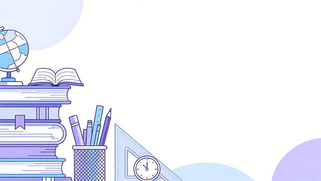 Purple themed flat illustration of study desk with books, globe, and stationery for educational content