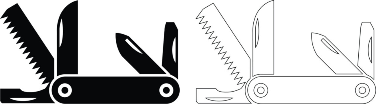 Set of two swiss army pocket knife icons with various open blades