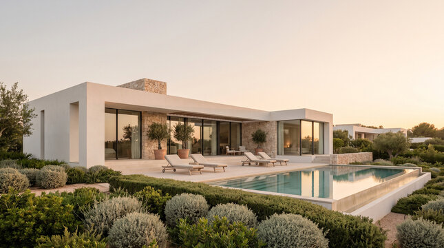 Sophisticated Minimalist Villa Facade with Calm Aesthetic Atmosphere