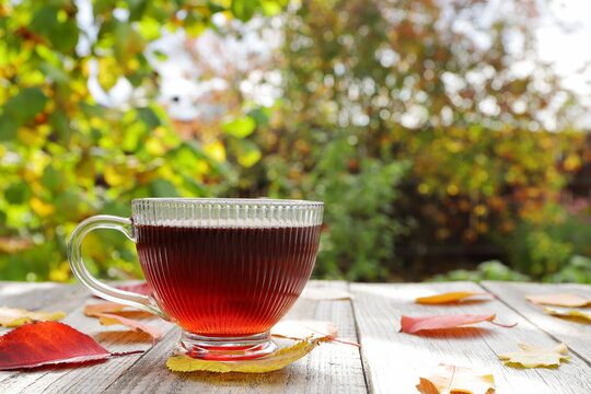 On a wooden table in the autumn garden, amidst the foliage, stands a glass mug of hot tea.