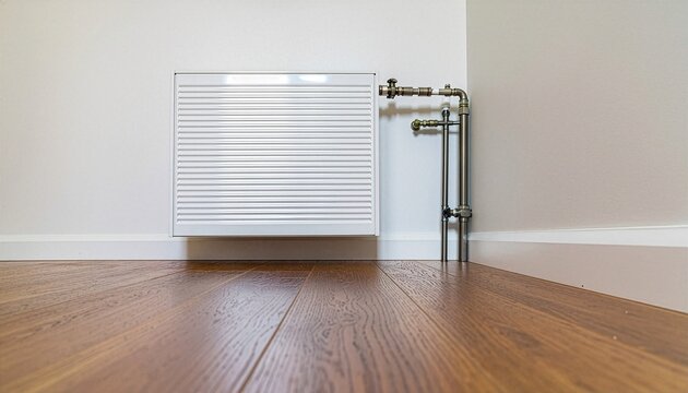 Modern white wall-mounted radiator and plumbing pipes in a room with light grey walls and oak wooden flooring