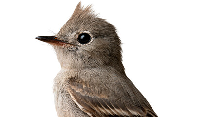 Close up profile portrait of a small brown flycatcher bird with crested head © darietta