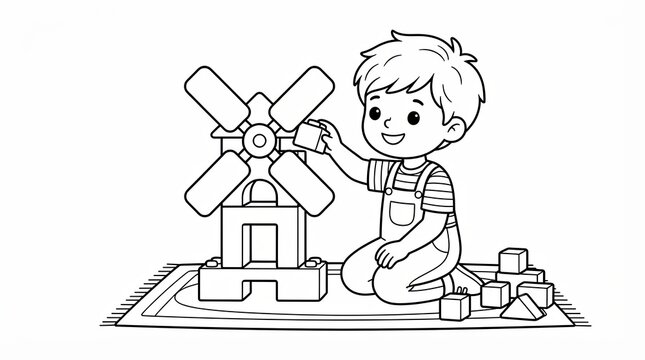 Little boy playing with a toy wooden windmill and building blocks on a soft rug