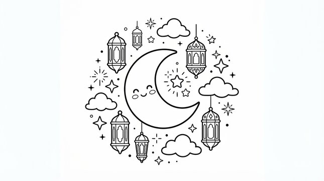 Cute cartoon crescent moon with stars lanterns and clouds in black and white line art