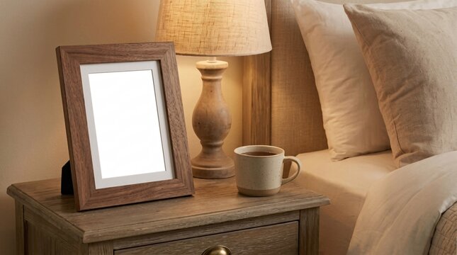 Cozy Evening Bedside Scene Featuring Blank Timber Photo Frame, Warm Lamplight and Wooden Nightstand Decor
