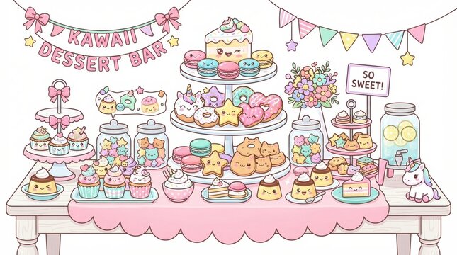 Cute kawaii dessert bar with cakes and sweets on a table with pastel decorations