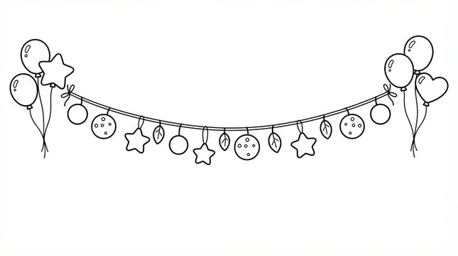 Hand drawn doodle garland with party balloons and hanging ornaments for celebration