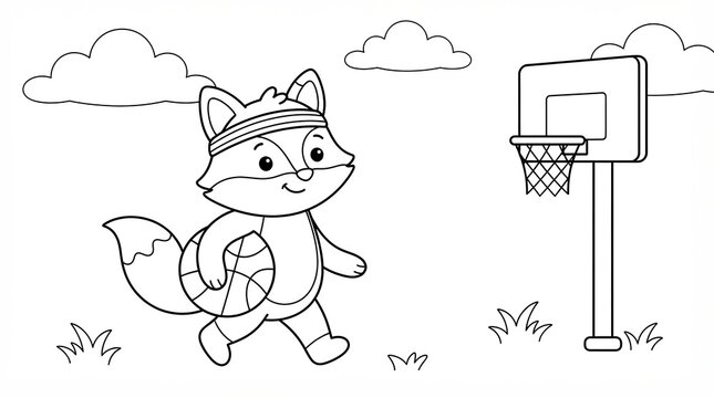 Cute cartoon fox holding a basketball and walking towards a hoop for coloring page