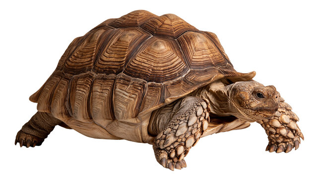 Large African spurred tortoise with textured brown shell and scaly skin