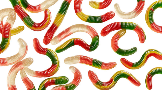 Multicolor gummy worms candy assortment with translucent gelatin texture