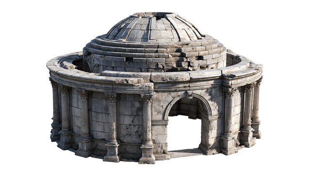 Ancient Roman circular temple ruin with stone columns and weathered dome roof