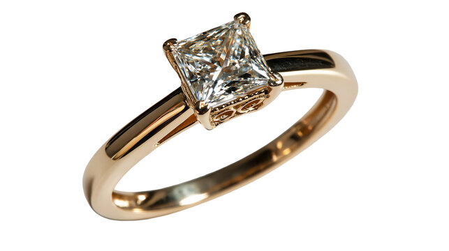 Princess cut diamond engagement ring with a polished yellow gold band