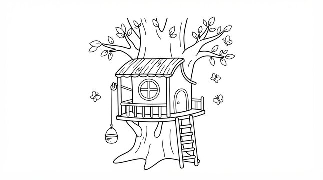 Cute treehouse with a ladder and butterflies drawn in a simple black line art style
