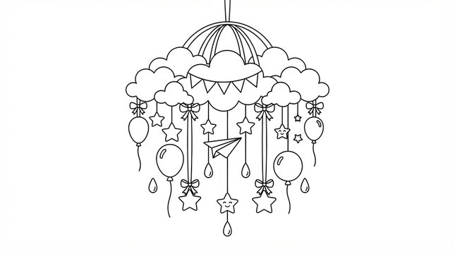 Baby crib mobile with clouds stars and balloons as a black and white coloring page