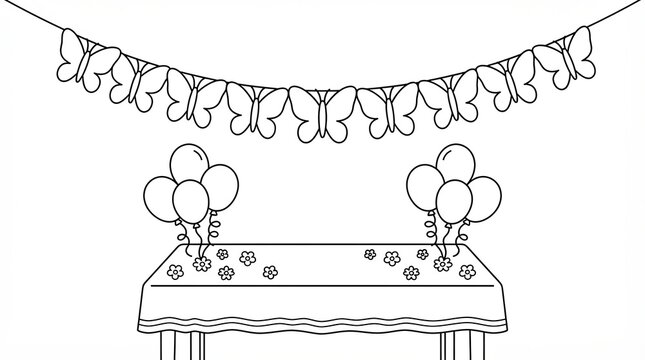 Black and white party table with butterfly bunting and balloons for kids coloring page