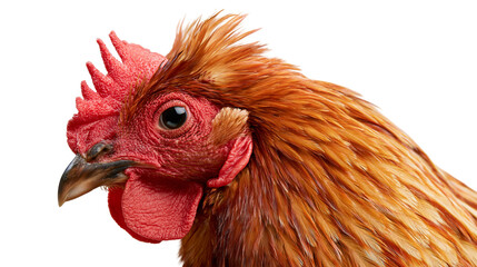 Close up portrait of a brown chicken head with a bright red comb and wattle © darietta