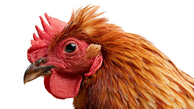 Close up portrait of a brown chicken head with a bright red comb and wattle