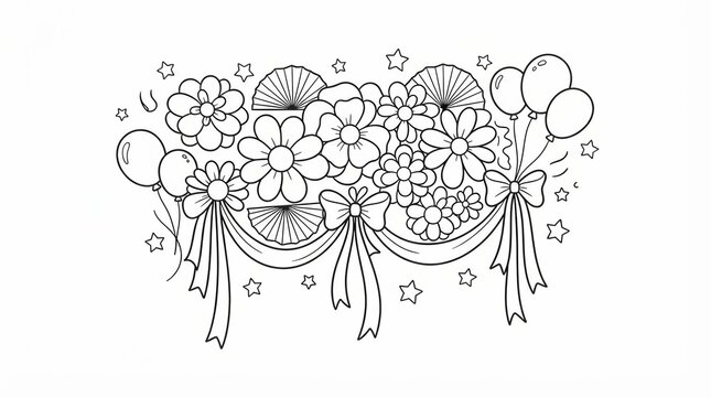 Black and white floral garland illustration with balloons and ribbons for celebration