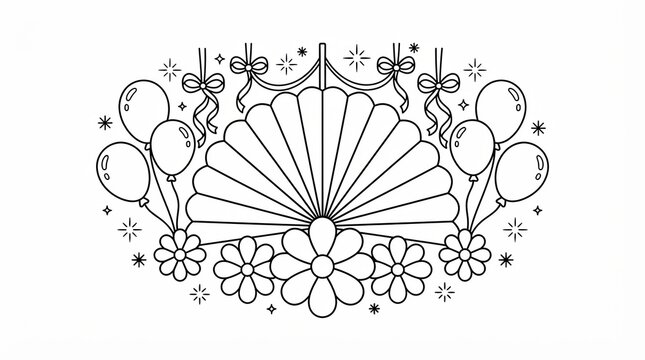Black and white coloring page featuring a decorative paper fan with balloons and flowers