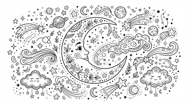 Hand drawn doodle of a crescent moon and stars in space
