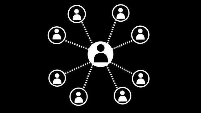 Motion graphic icon displaying a global community network node structure chart connecting multiple points around a single human avatar motion video