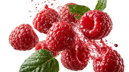 Fresh ripe raspberries with water splashes and green mint leaves © darietta