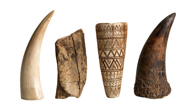 Ancient carved bone artifacts and fossilized animal teeth collection