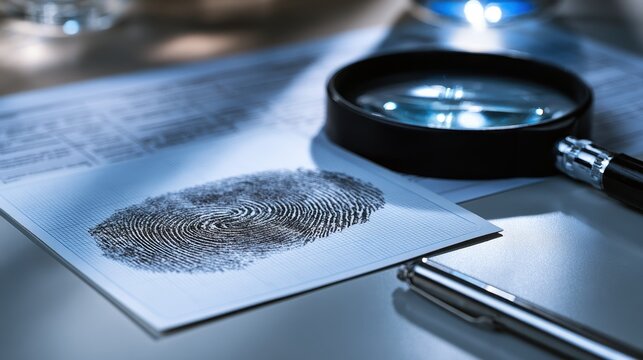 Fingerprint evidence with magnifying glass in forensic investigation