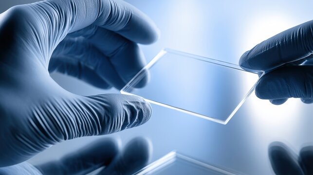 Gloved forensic scientist holding microscope slide for laboratory analysis