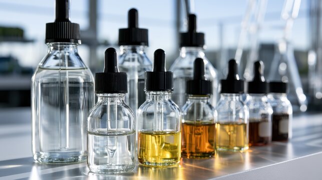Forensic laboratory dropper bottles with chemical evidence samples