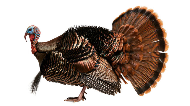 Male wild turkey with fanned tail feathers and colorful head skin