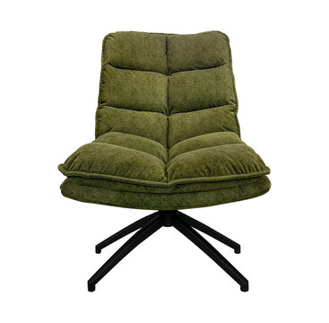 Olive green swivel lounge chair featuring thick, soft foam padding and a black multi-pronged steel base isolated on white background
