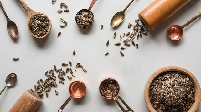 Sunflower seeds scattered with wooden spoons and copper measuring cups on a bright white background
