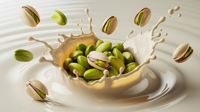 Fresh green pistachios splash into creamy white milk creating elegant ripples and dynamic liquid motion waves